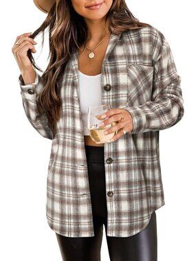Women's White & Brown Plaid Flannel Button-Down Long Sleeves Oversized Shacket